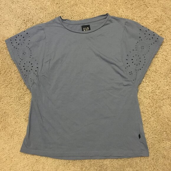 Periwinkle Blue Eyelet Sleeve Cotton Modal Cottagecore Tee - Picture 10 of 14